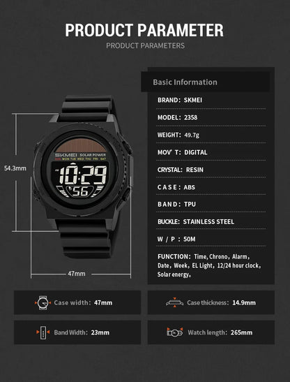 Montre Digitale SKMEI 2358 – Énergie Solaire – Étanche 5ATM – Homme & Femme - BLACKBEARD OUTDOOR INDUSTRIES