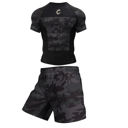 Ensemble T-shirt Rashguard Jiu Jitsu No Gi + Shorts MMA – Compression et Confort pour Hommes, Idéal pour Boxe, Jiu Jitsu, Kickboxing, Muay Thai - BLACKBEARD OUTDOOR INDUSTRIES