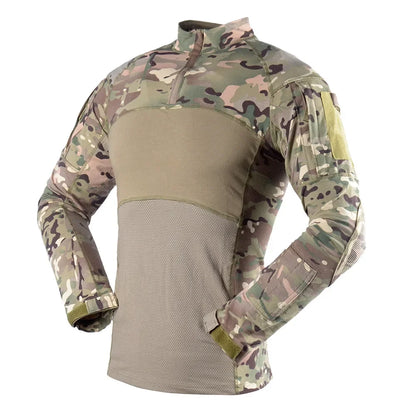 T-Shirt Tactique Manches Longues Camouflage – Coton, Col Montant | Airsoft, Paintball, Chasse, Militaire