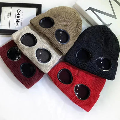 Bonnet avec lunettes unisexe, maille chaude pour l'hiver