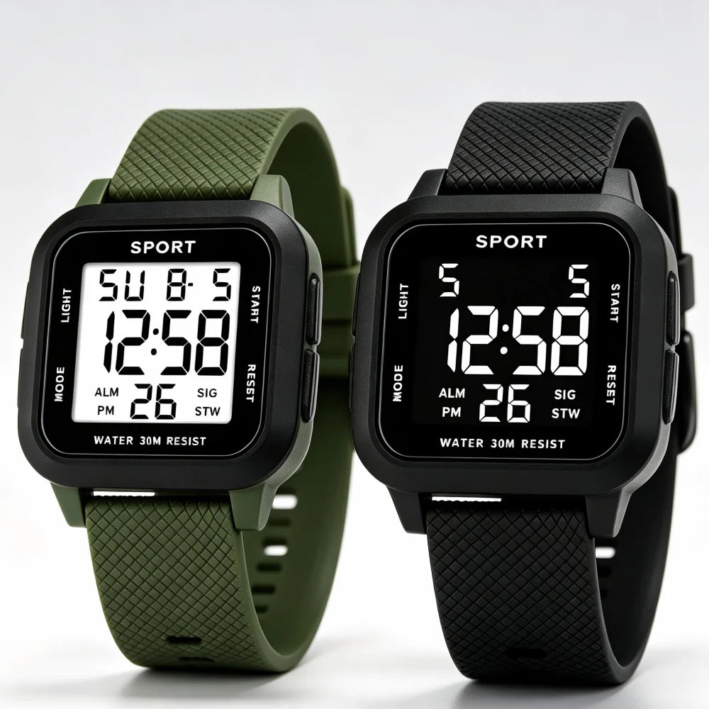 Montre digitale sport 45 mm – Style militaire & rétroéclairage LED