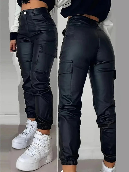 Pantalon Cargo Femme Simili Cuir Noir Y2K – Taille Haute & Coupe Slim - BLACKBEARD OUTDOOR INDUSTRIES