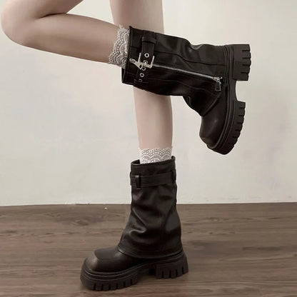 Bottes motardes femme mi-mollet à boucle