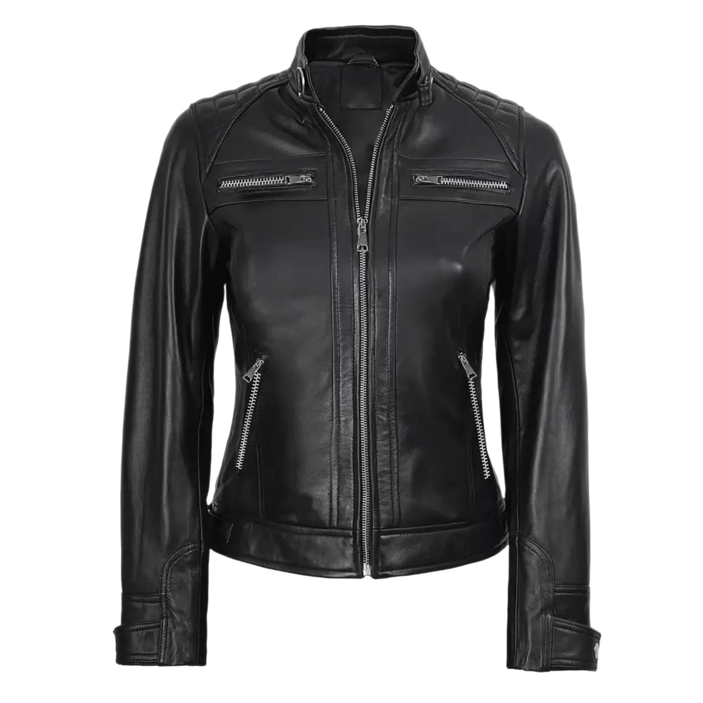 Veste en Cuir PU Femme Style Moto – Col Officier, Slim Fit, Sà XXL