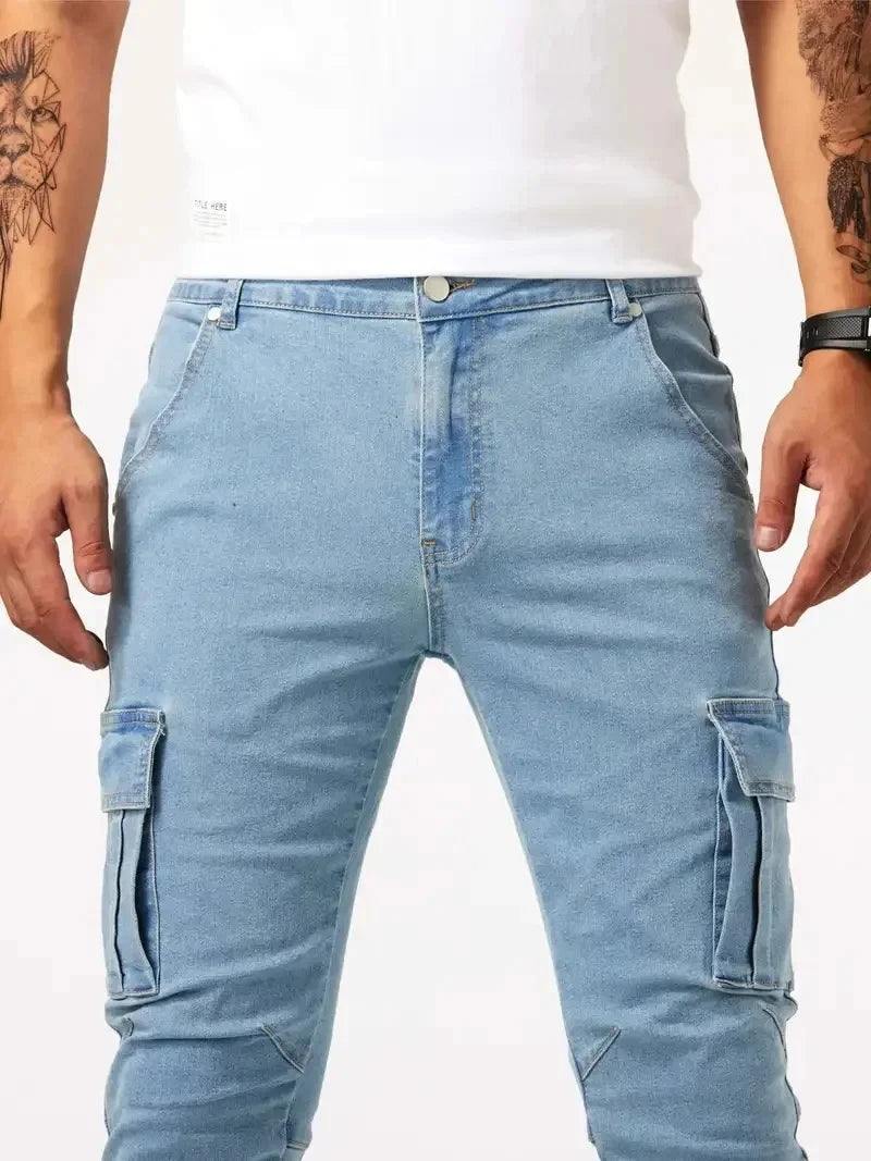Jeans Cargo Homme Élastique 2025 – Denim Stonewashed, Multi Poches, Style Hip-Hop Casual - BLACKBEARD OUTDOOR INDUSTRIES