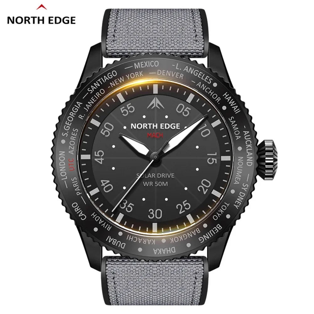 Montre Homme NORTH EDGE MACH 2024 – Solaire – Étanche 50M – Double Fuseau Horaire – Bracelet TPR & Nylon – Style Pilote - BLACKBEARD OUTDOOR INDUSTRIES