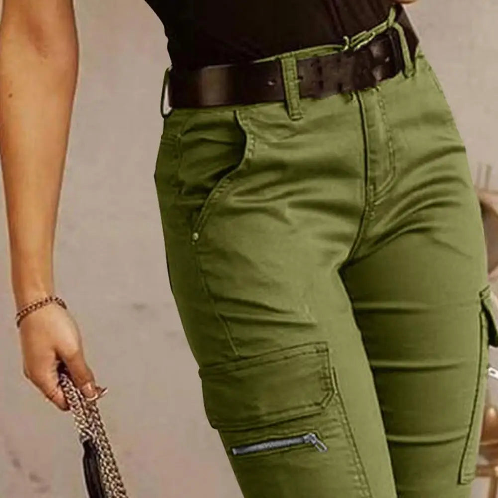 Pantalon Cargo Femme Multi-Poches Coton – Taille Mi-Haute, Coupe Slim, 5 Coloris