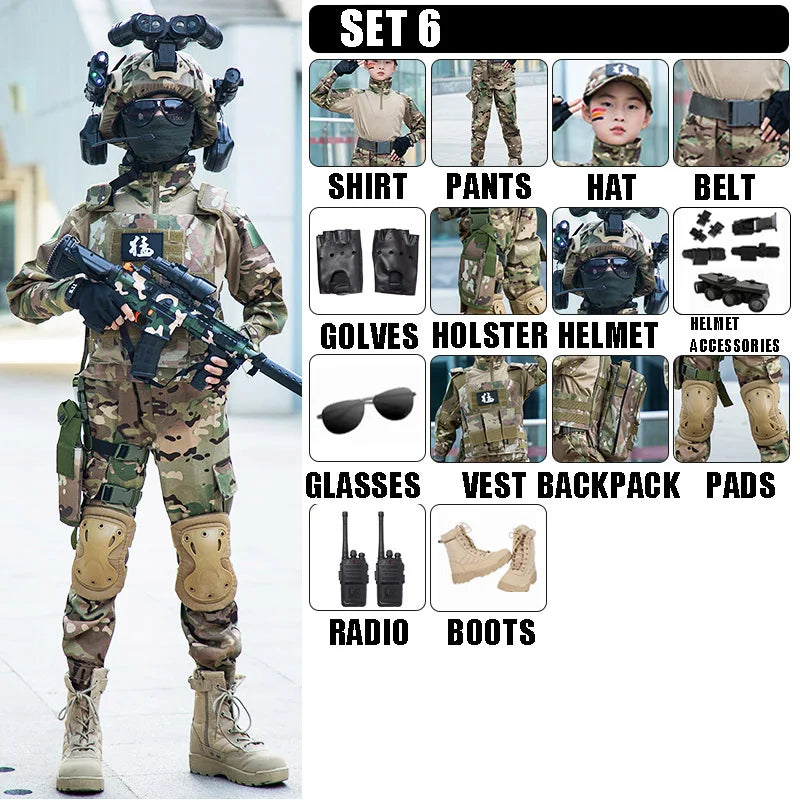 Ensemble Uniforme Militaire Tactique G3 Camouflage Enfant – Costume Soldat Garçon Fille