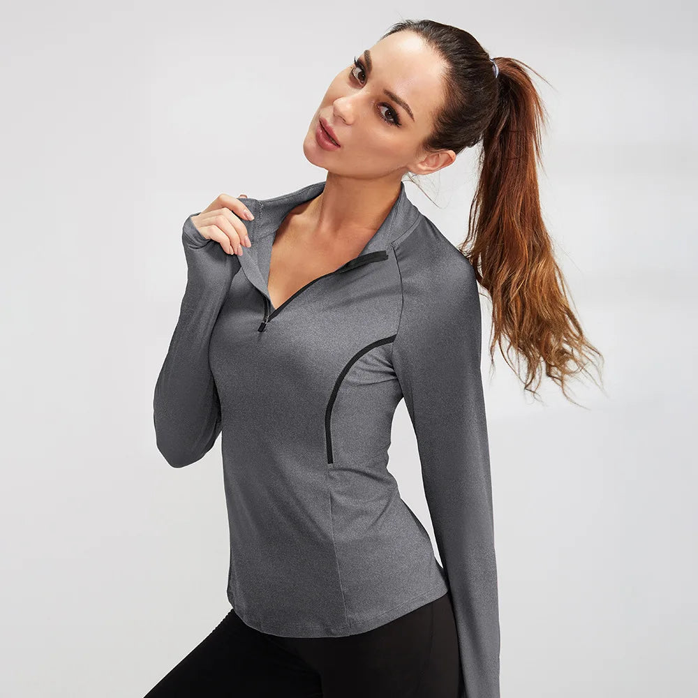 Top Sport Femme Manches Longues – Col Montant Yoga Fitness Running
