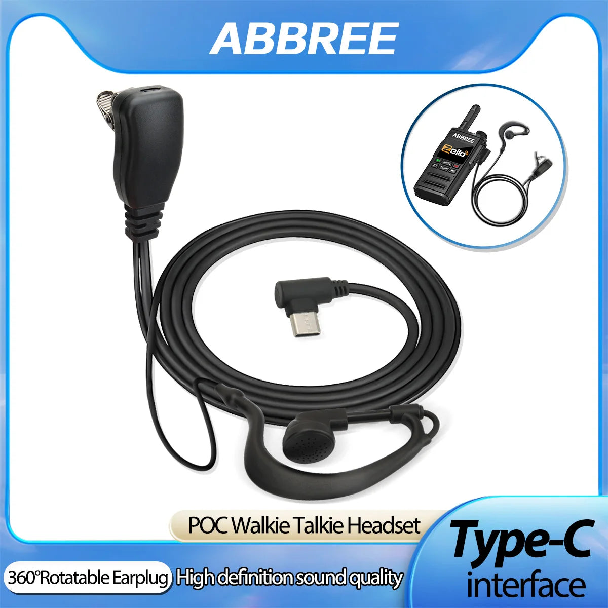 Oreillette ABBREE Type-C PTT Haute Définition – Talkie-Walkie PoC GP-268 GP-298 ZELLO – Micro Intégré – 1 ou 2 pièces