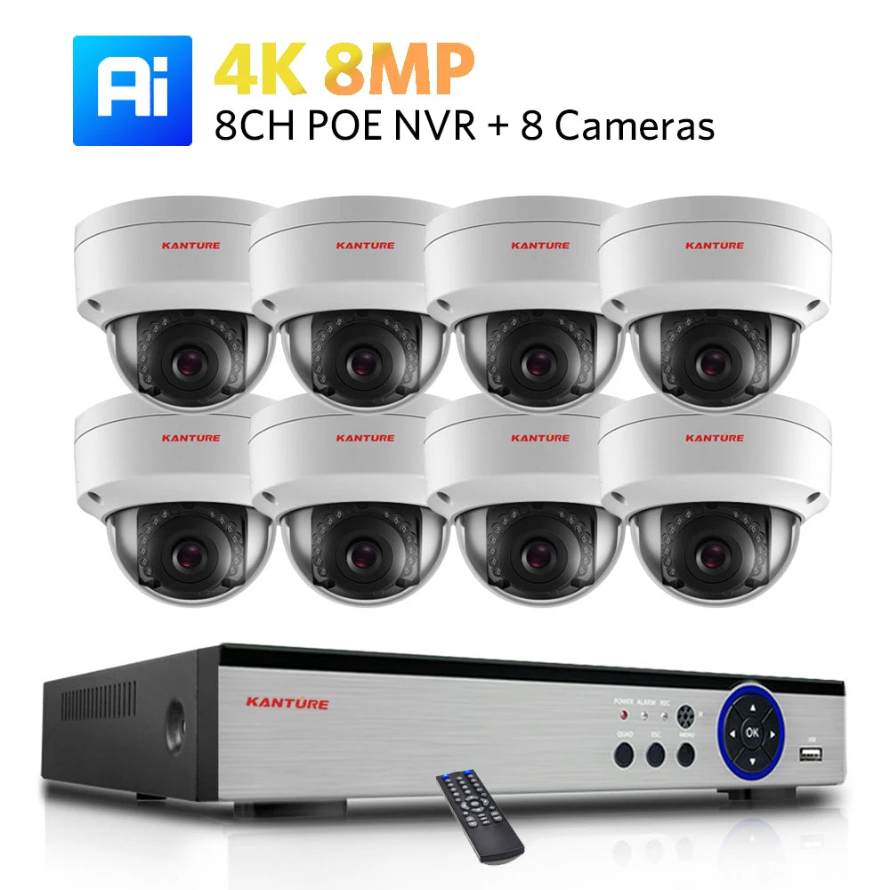 Kit NVR POE 4K/2K 4 ou 8 Canaux + Caméras IP H.265 – Détection IA Visage/Corps/Mouvement, Vision Nocturne IR 20m, IP66, Audio, CE/FCC
