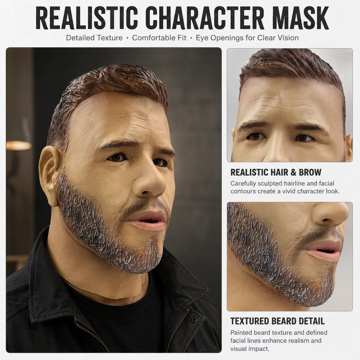 Masque intégral homme barbu en latex pour scène et vidéo