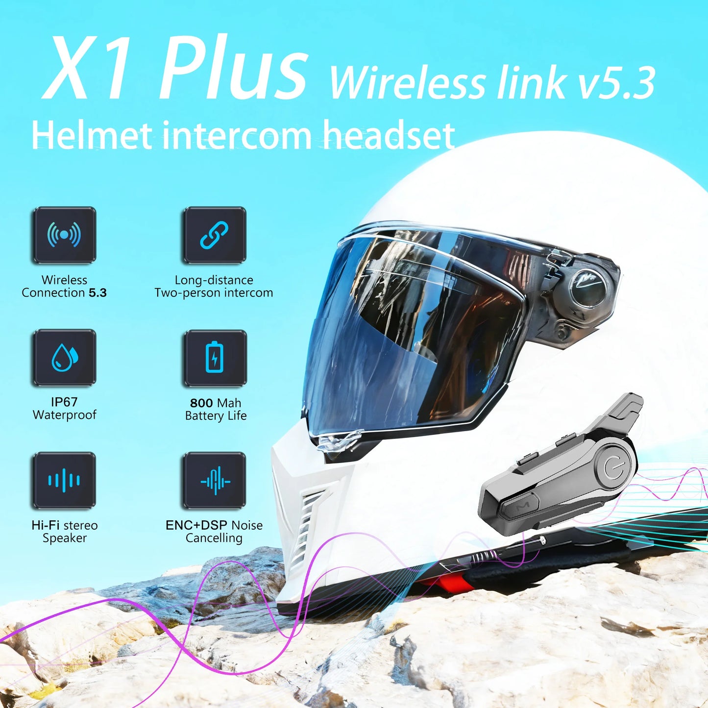 X1 Plus – Intercom Moto Bluetooth 5.0, Portée 1000 m, IPX6, Autonomie 12h, Micro Souple ou Rigide