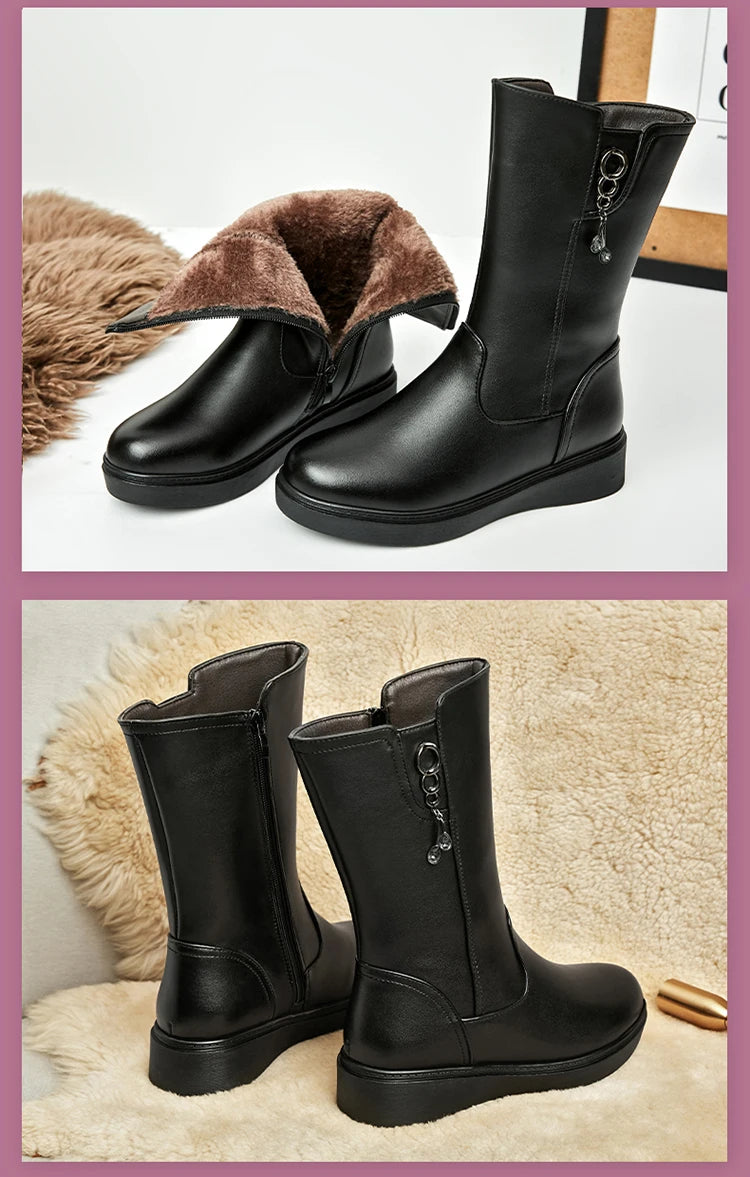 Bottes Neige Femme en Cuir – Fourrées Laine Épaisse | Confort & Chaleur | Tailles 35 à 43 - BLACKBEARD OUTDOOR INDUSTRIES