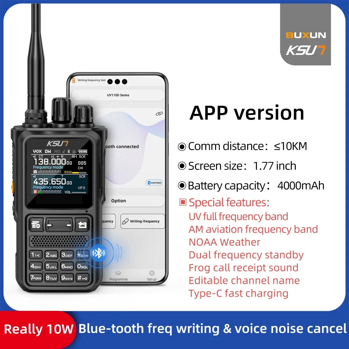 Talkie-Walkie KSUN UV110D – Radio Portable 10W, Batterie 4000 mAh, Écran Couleur, UHF/VHF