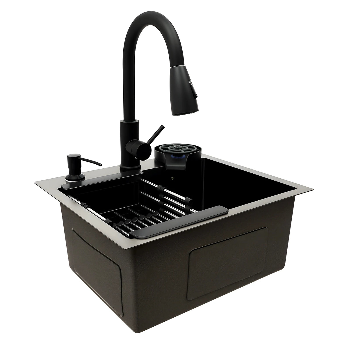 Évier Cuisine Inox 201 Noir Nano – Robinet Rétractable, Rince-Tasse, Panier Égouttoir & Distributeur Savon | 45x40 / 50x45 / 60x45 cm