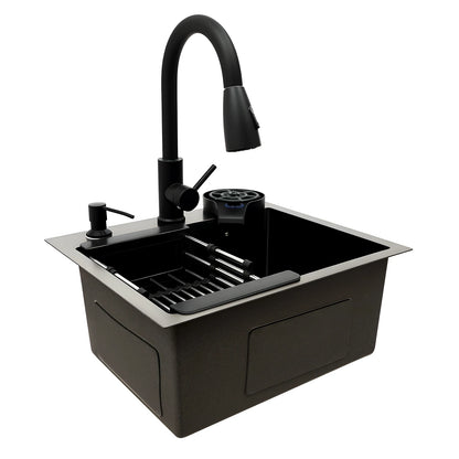 Évier Cuisine Inox 201 Noir Nano – Robinet Rétractable, Rince-Tasse, Panier Égouttoir & Distributeur Savon | 45x40 / 50x45 / 60x45 cm