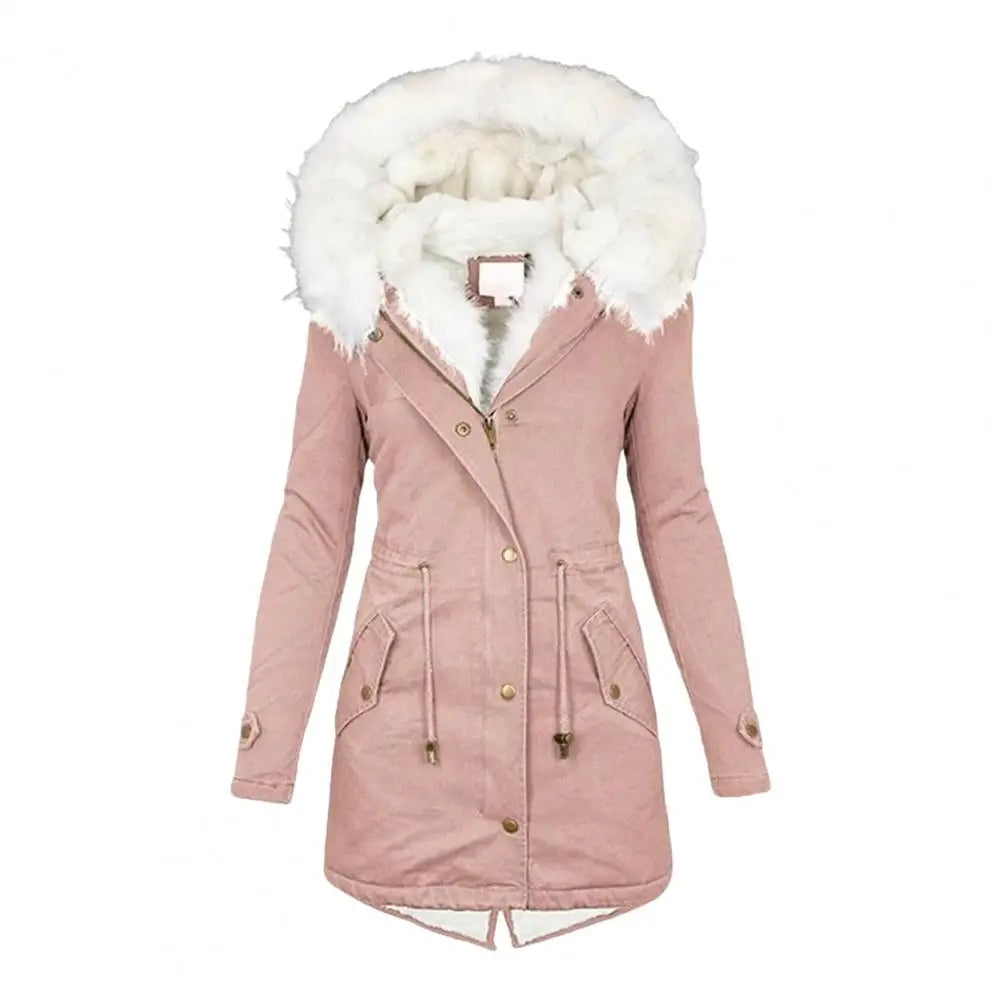 Manteau d’hiver femme long à capuche bordée de fausse fourrure