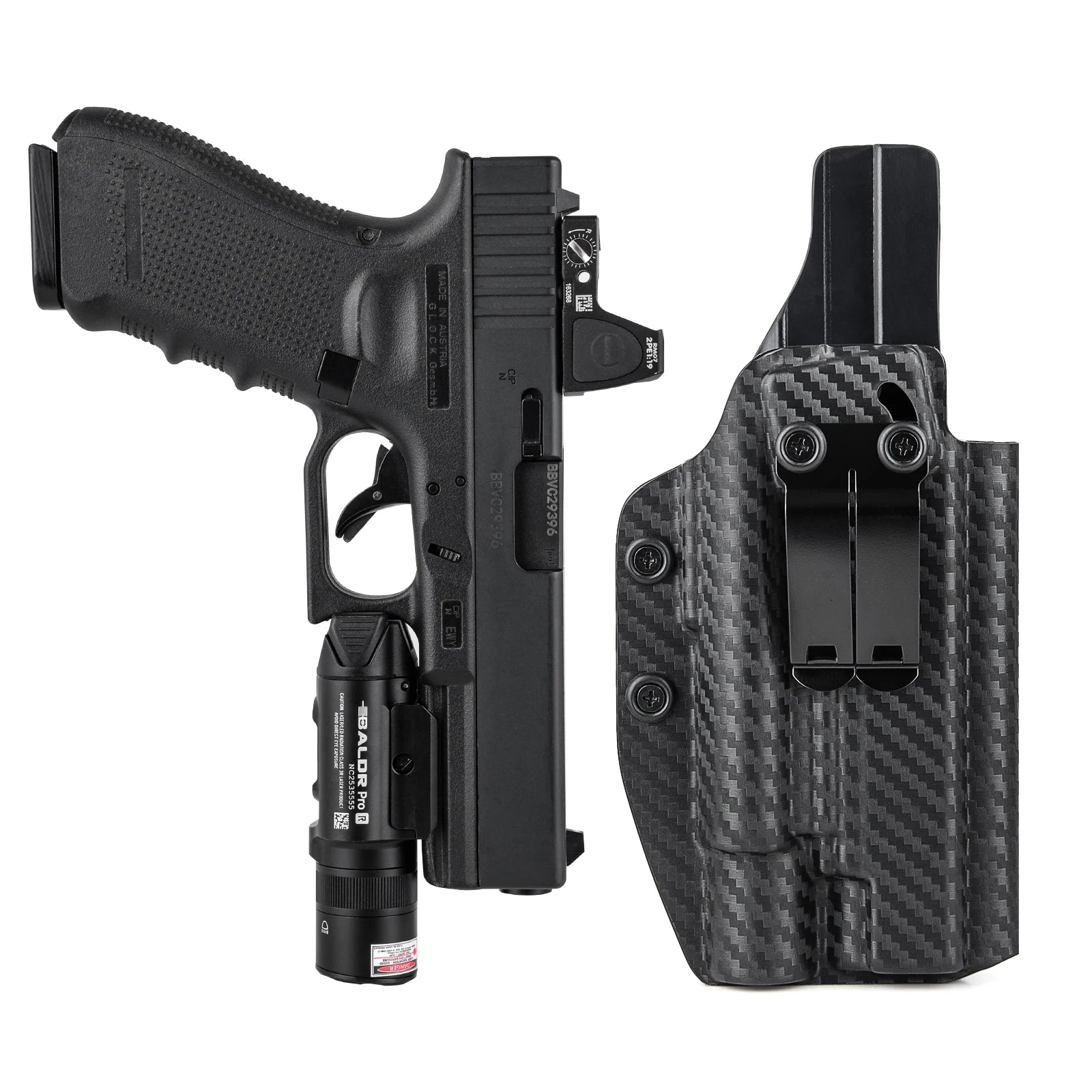Holster IWB Kydex Glock 19 19X 23 25 32 44 45 + Olight Baldr Pro R – Port Dissimulé Ceinture, Rétention Réglable | Droitier & Gaucher - BLACKBEARD OUTDOOR INDUSTRIES