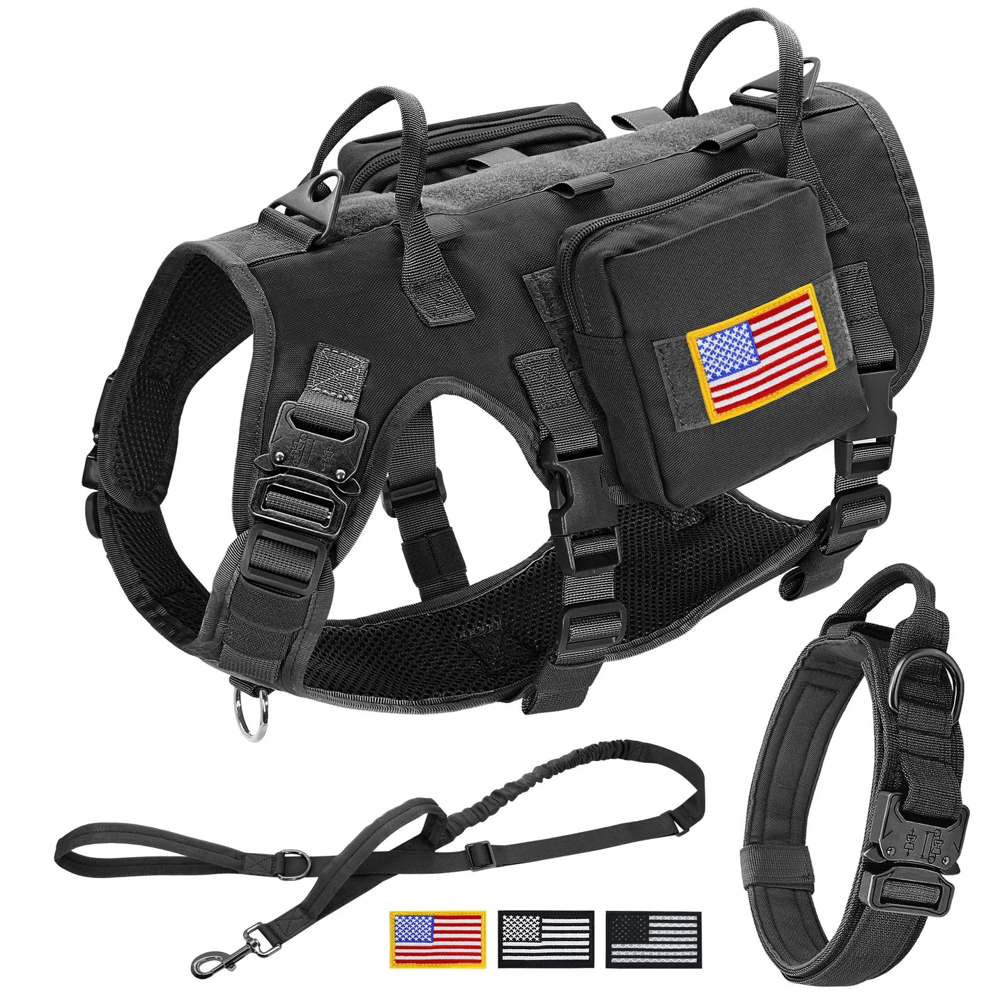 Harnais Tactique Grand Chien – Kit Complet Collier + Laisse + Poches MOLLE