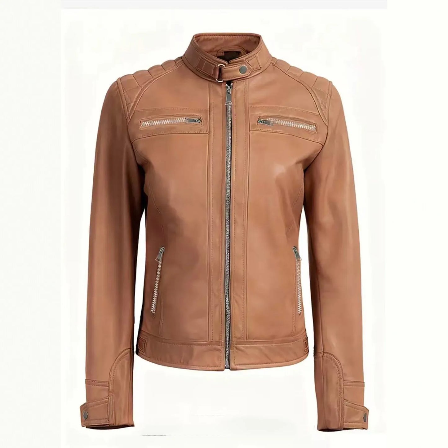 Veste en Cuir PU Femme Style Moto – Col Officier, Slim Fit, Sà XXL