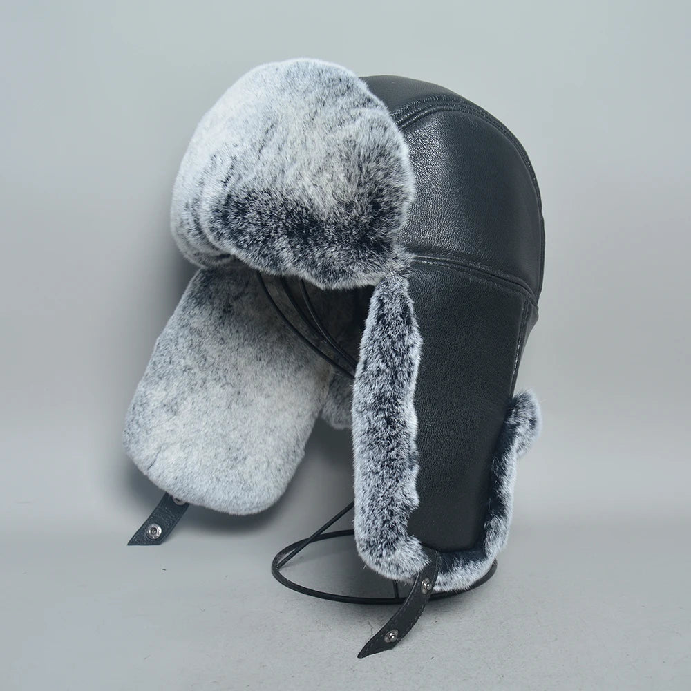 Chapka Bombardier Mixte en Véritable Fourrure de Lapin Rex et Cuir de Mouton – Modèle Ushanka Hiver - BLACKBEARD OUTDOOR INDUSTRIES
