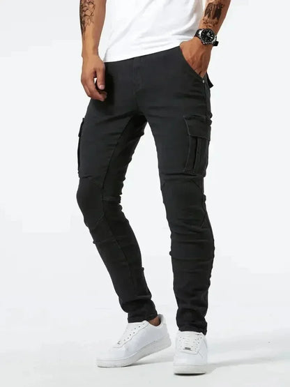 Jean Cargo Slim Stretch Homme – Multi-Poches, Taille Mi-Haute, Style Streetwear