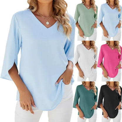 Chemisier Femme en Mousseline Col V - Manches Mi-Longues, Coupe Ample