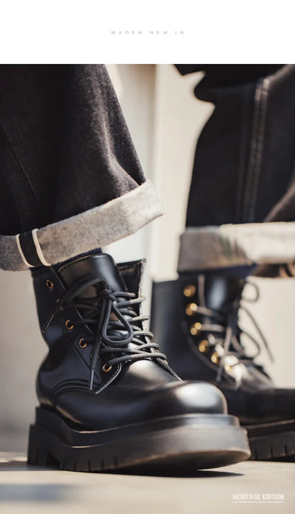 Maden Men's Handmade Cowboy Boots Black Motorcycle Boot British Split Leather TPR Sole Work Safety Boot Mid Outside Shoes BLACKBEARD OUTDOOR INDUSTRIES