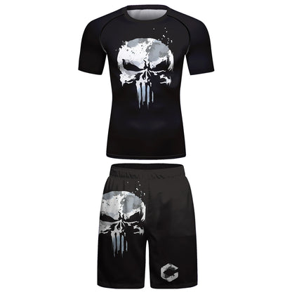 Ensemble T-shirt et Pantalon MMA Jiu Jitsu Skull pour Homme – Rashguard BJJ, Grappling Brésilien, Shorts MMA, Vêtements de Gym, Gi de Boxe, Maillots Muay Thai - BLACKBEARD OUTDOOR INDUSTRIES