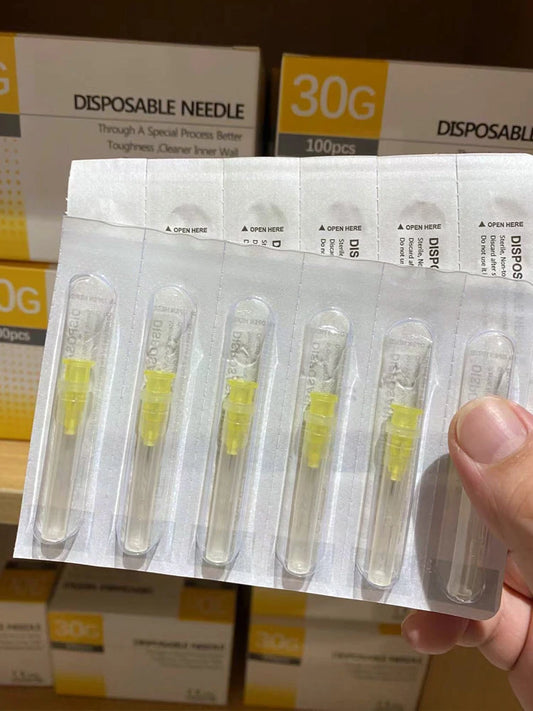 Aiguilles Ultra-fines Indolores 100 pcs – 25G à 34G, 1,5 à 25 mm – Seringue Transparente Embout Capuchon – Beauté & Médical