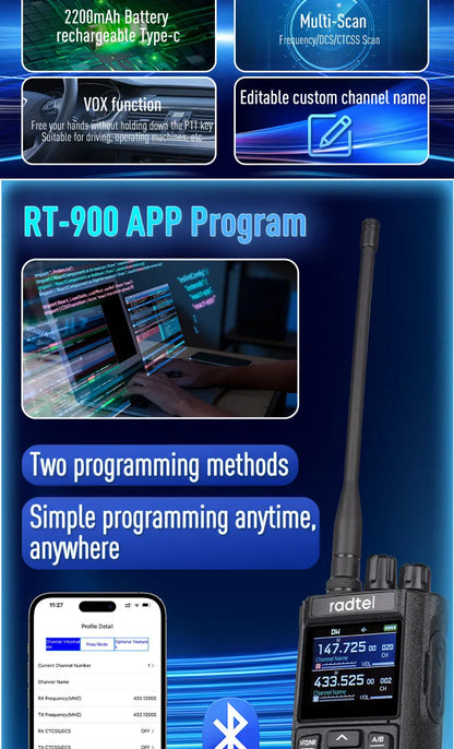Talkie-Walkie Radtel RT-900 Ham Radio Full Band 8W – 256 Canaux, Air Band, Programmation Bluetooth (Optionnelle) - BLACKBEARD OUTDOOR INDUSTRIES
