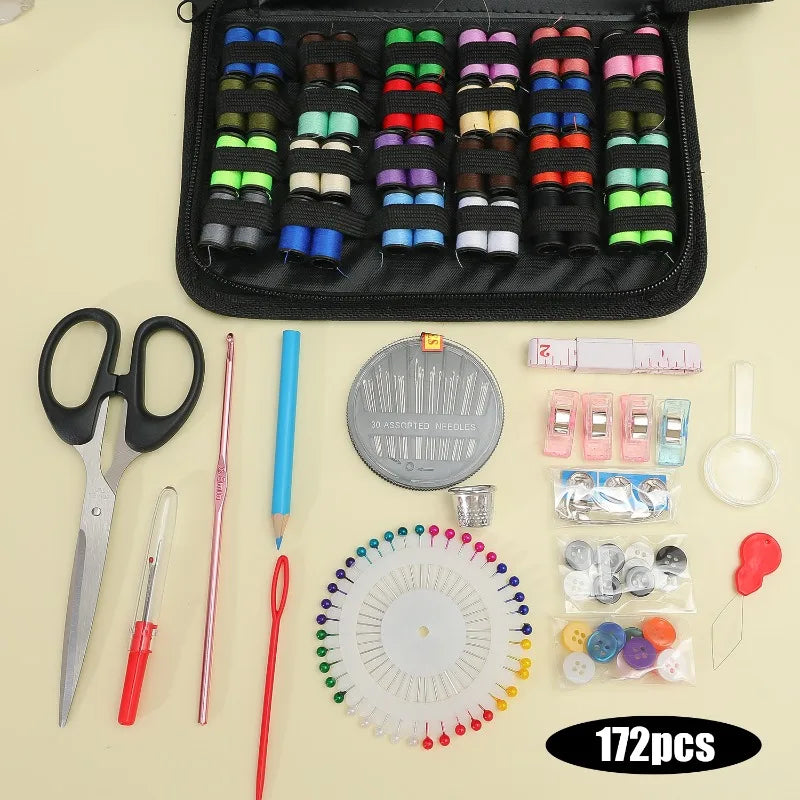 Kit de couture portable 172/128/67/27 pièces avec fils, aiguilles, ciseaux, mètre ruban, boutons et sac de rangement