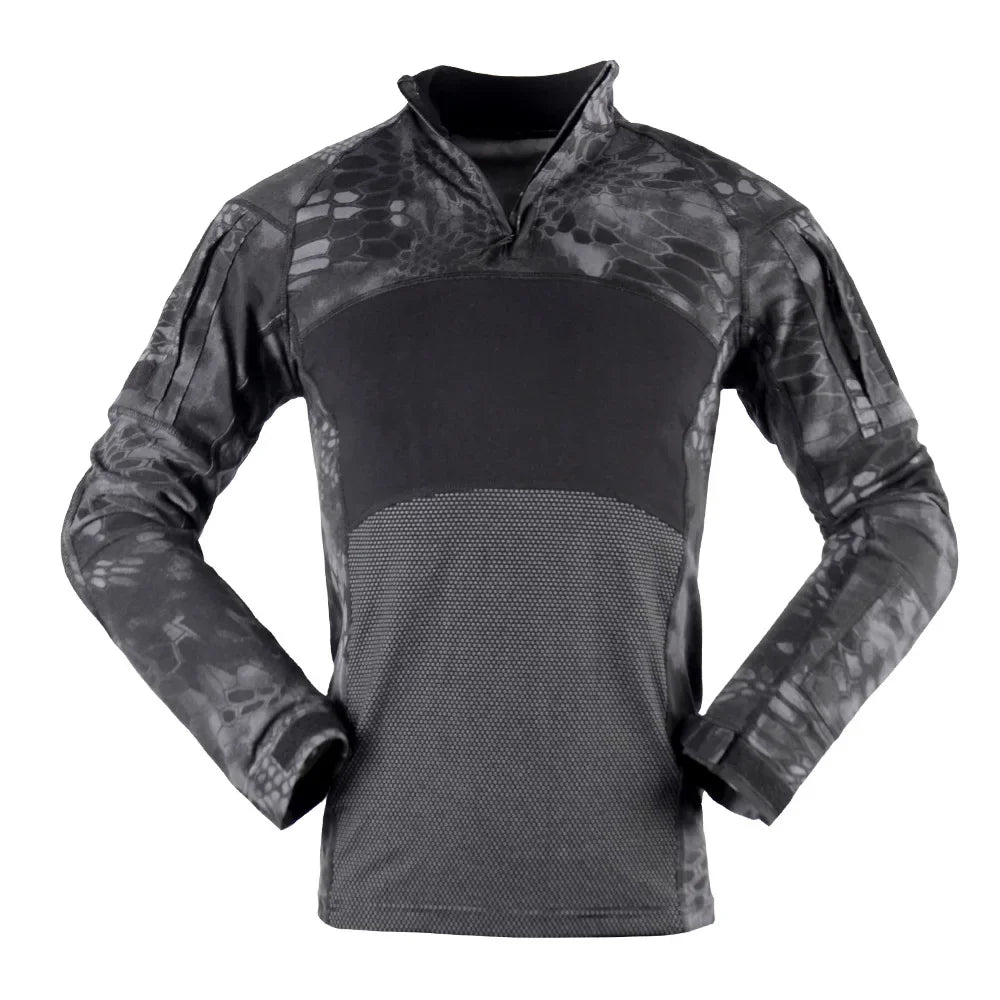T-Shirt Tactique Manches Longues Camouflage – Coton, Col Montant | Airsoft, Paintball, Chasse, Militaire