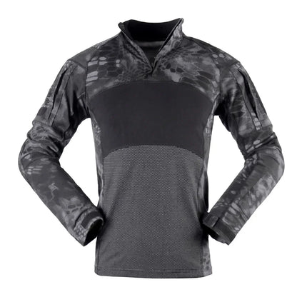 T-Shirt Tactique Manches Longues Camouflage – Coton, Col Montant | Airsoft, Paintball, Chasse, Militaire