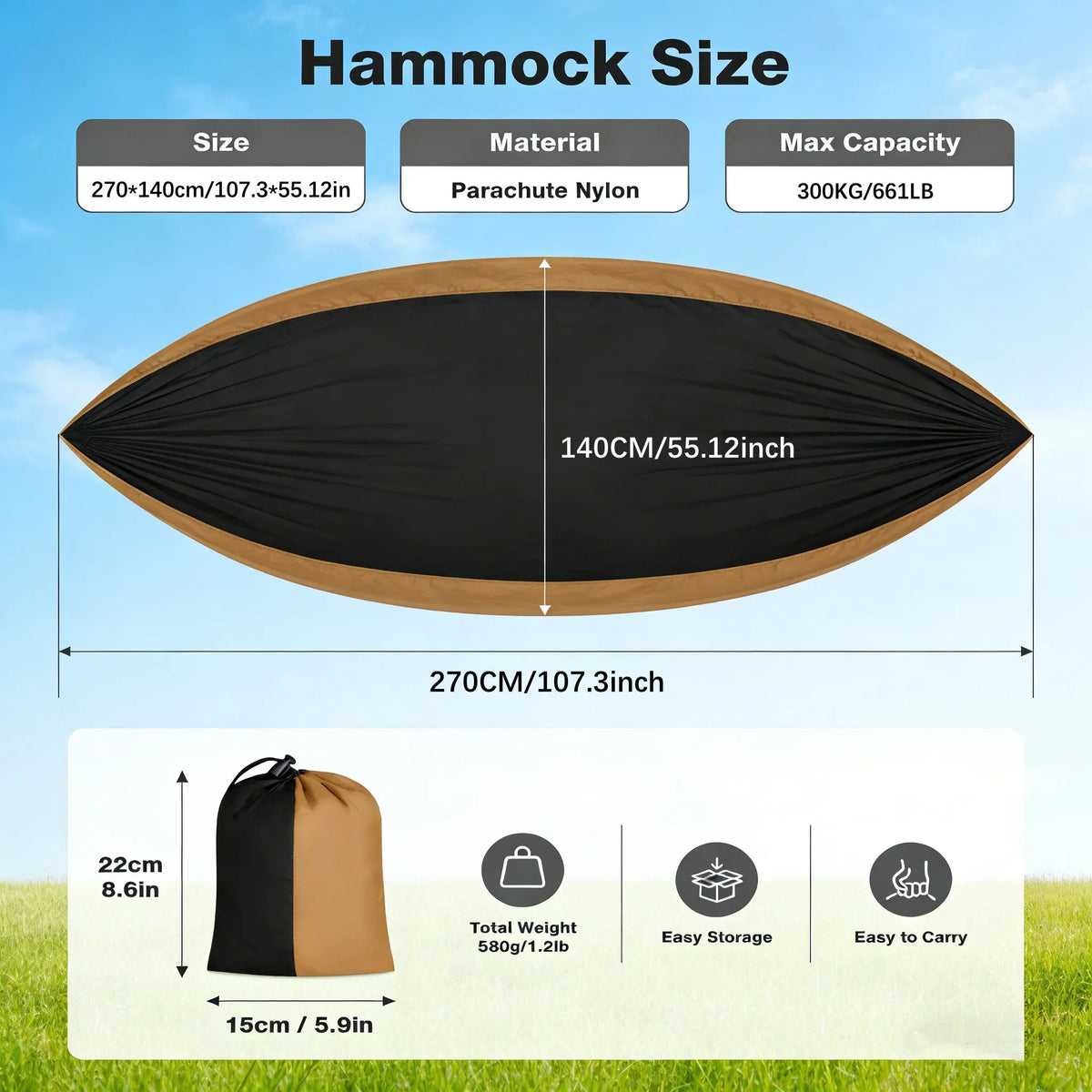 Hamac de Camping Nylon Léger avec Sangles – Portable Randonnée Voyage Jardin