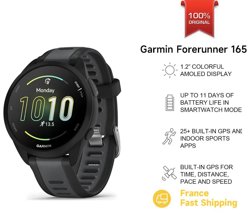 Montre GPS Garmin Forerunner 165 – AMOLED, Cardio, GPS, 11 Jours, Running & Cross-Training