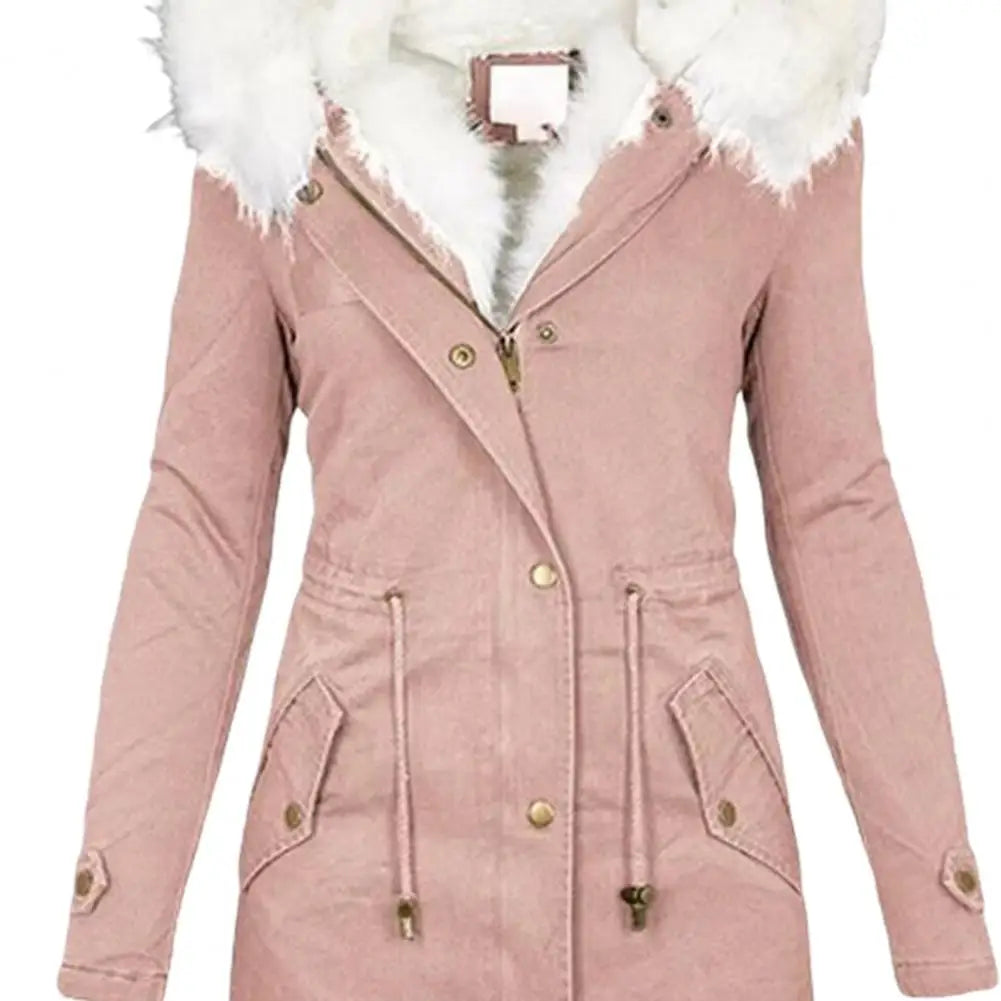 Manteau d’hiver femme long à capuche bordée de fausse fourrure