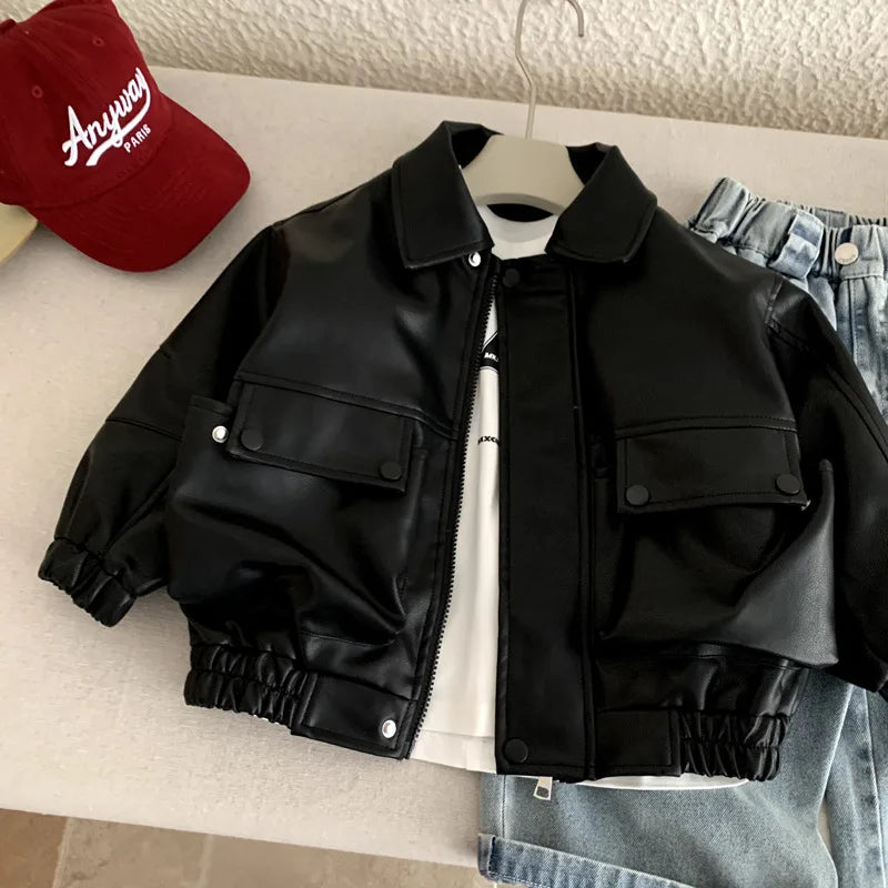 Veste en Cuir Enfant Style Coréen – Blouson Casual Unisexe Printemps
