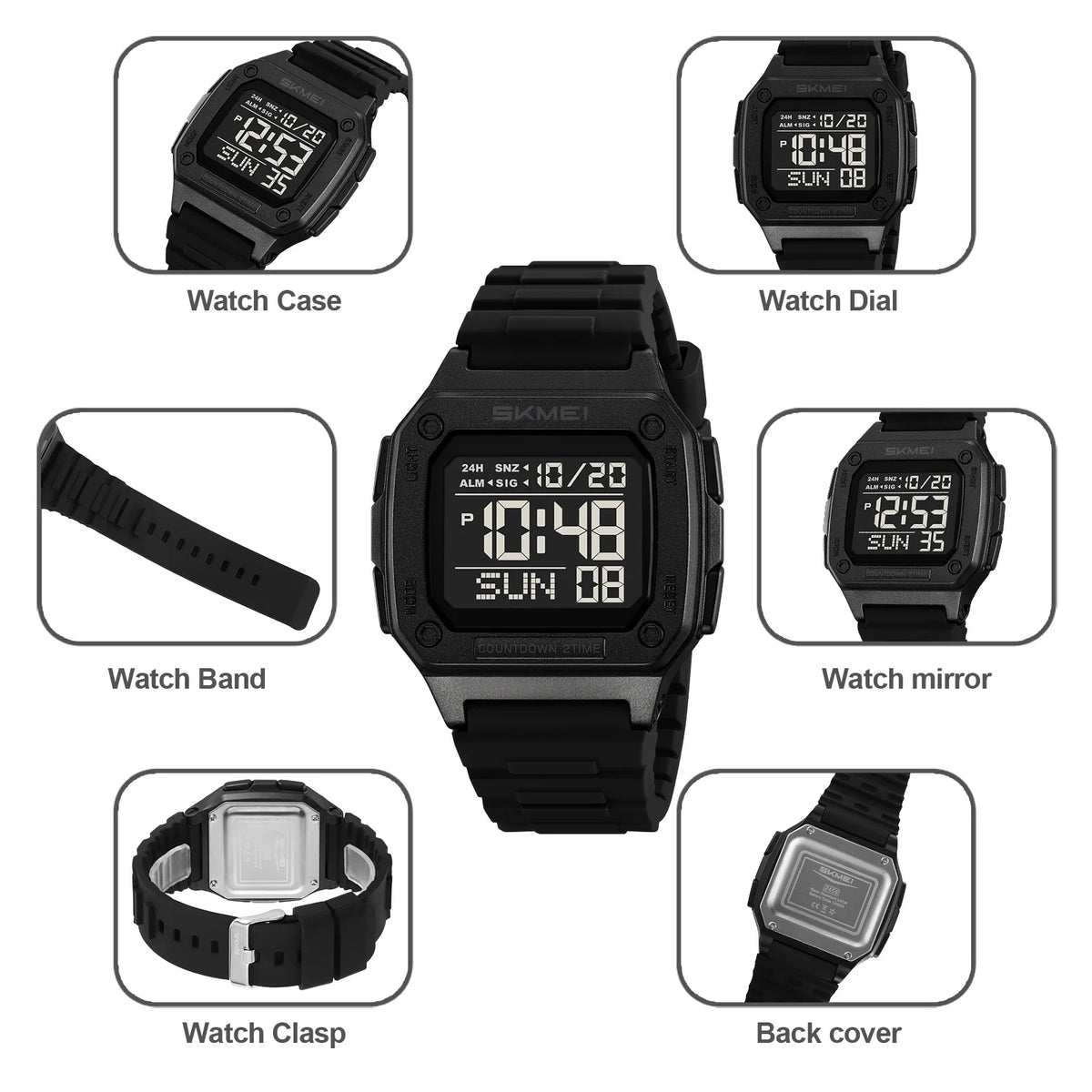 Montre digitale homme sport avec alarme et LED