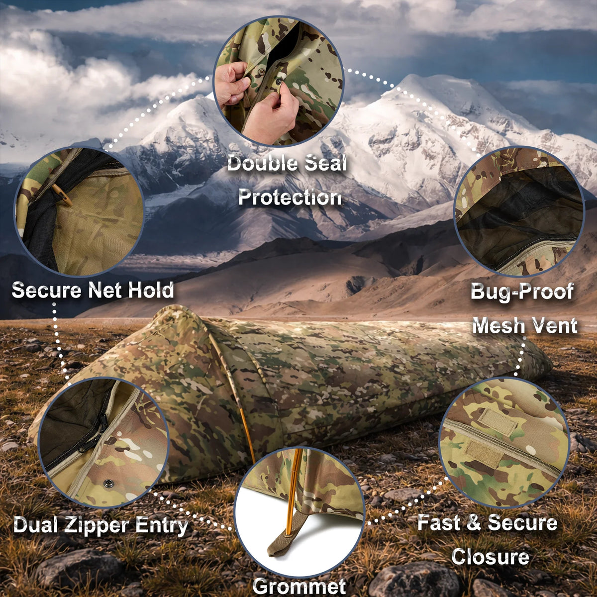Tente de bivouac 1 place camouflage – 220 × 90 cm