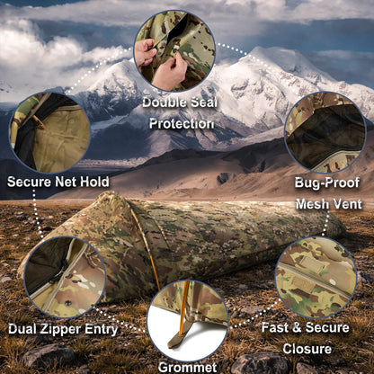 Tente de bivouac 1 place camouflage – 220 × 90 cm