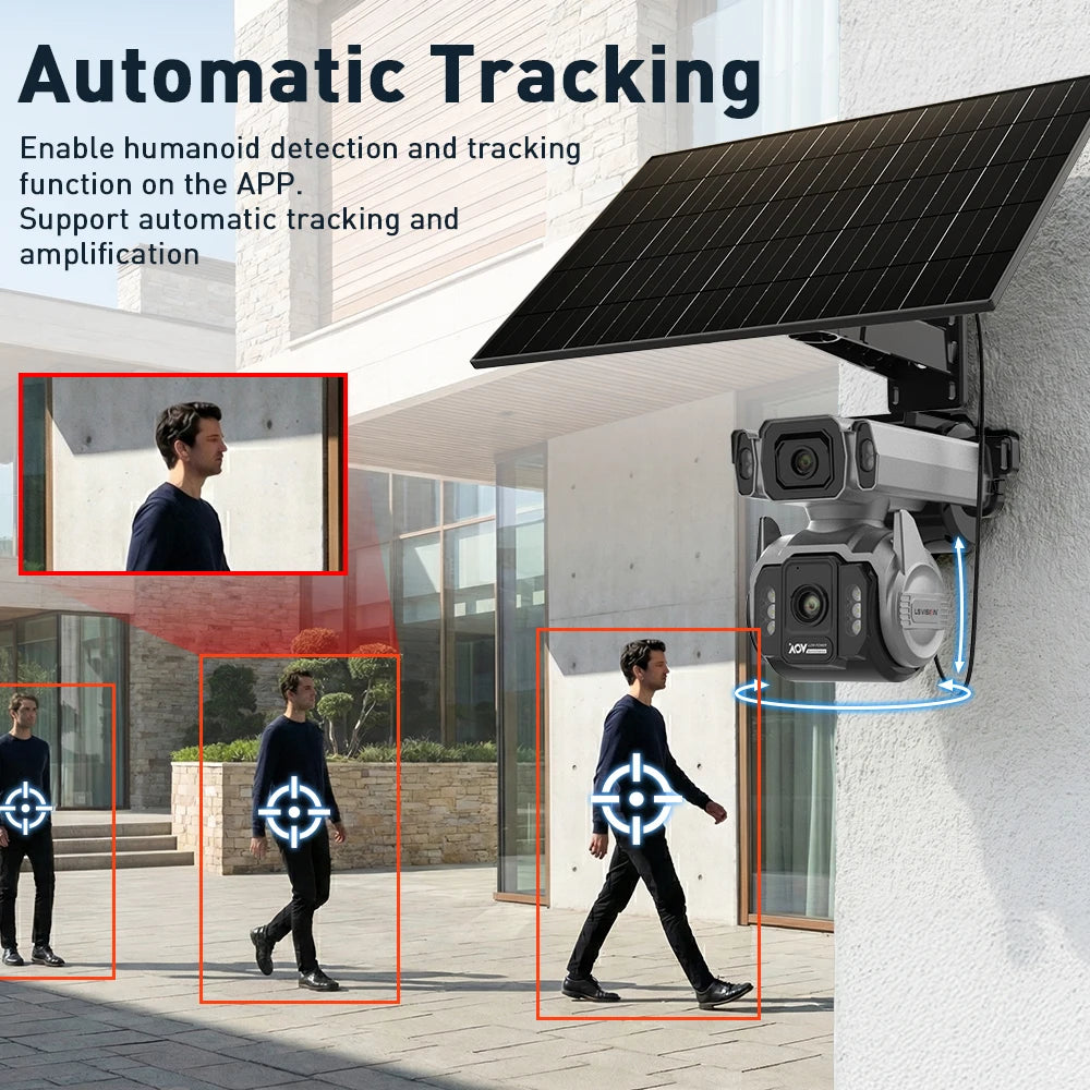 Caméra de surveillance solaire 4G double objectif 10 MP, zoom x12, suivi automatique