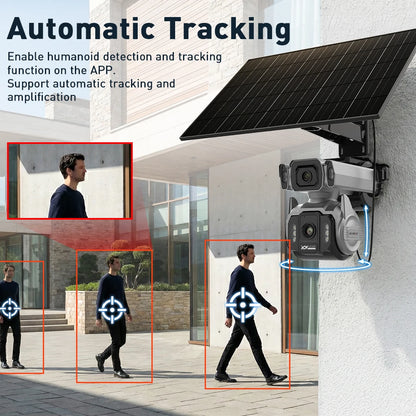 Caméra de surveillance solaire 4G double objectif 10 MP, zoom x12, suivi automatique