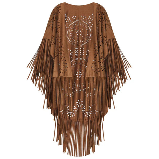Poncho Cape Femme Bohème à Franges – Châle Vintage Floral Toutes Saisons