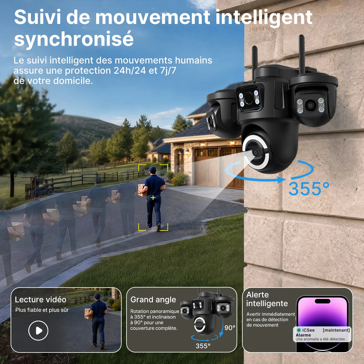 Caméra de surveillance WiFi extérieure PTZ à 3 objectifs