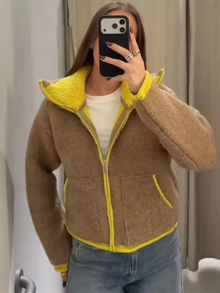 Veste courte femme bicolore zippée à col montant