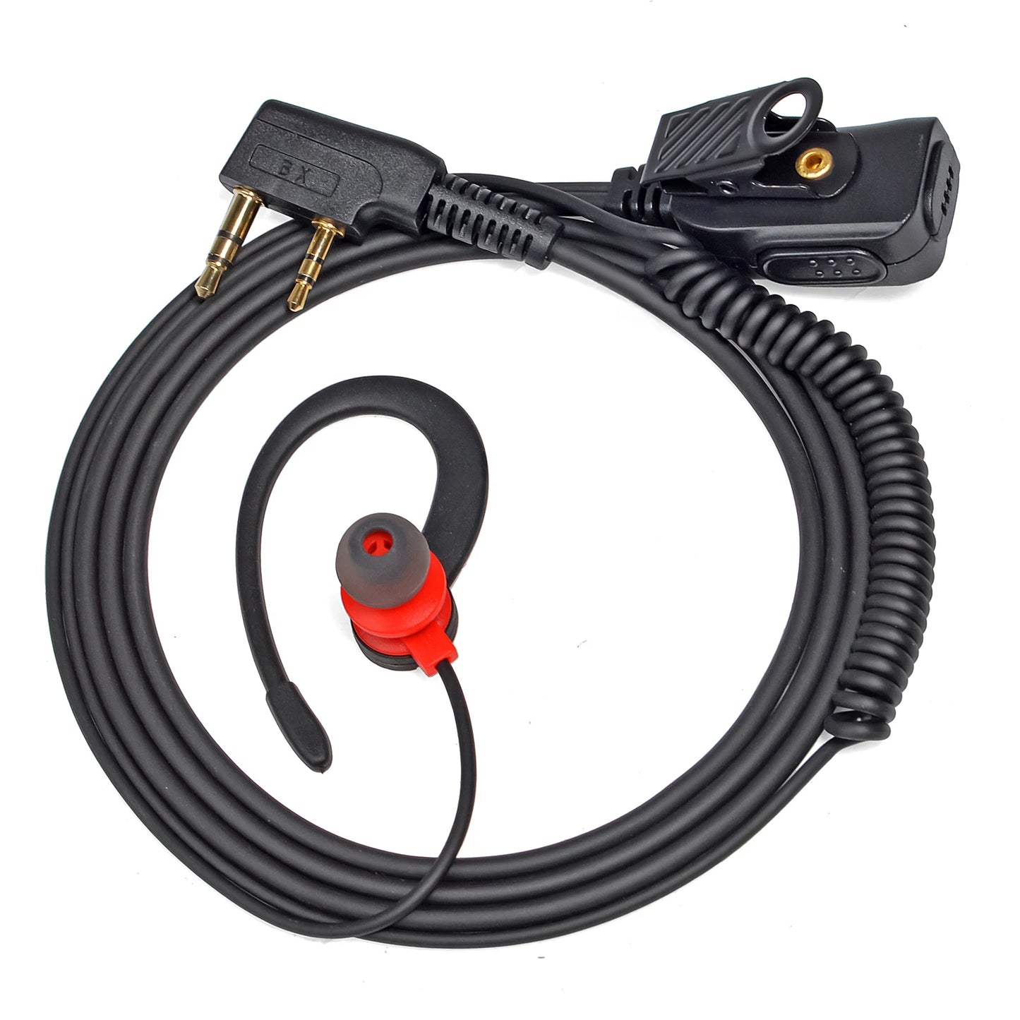 Oreillette Intra-Auriculaire PTT 2 Broches avec Crochet et Micro – Câble Kevlar, Compatible Kenwood, Baofeng, Retevis