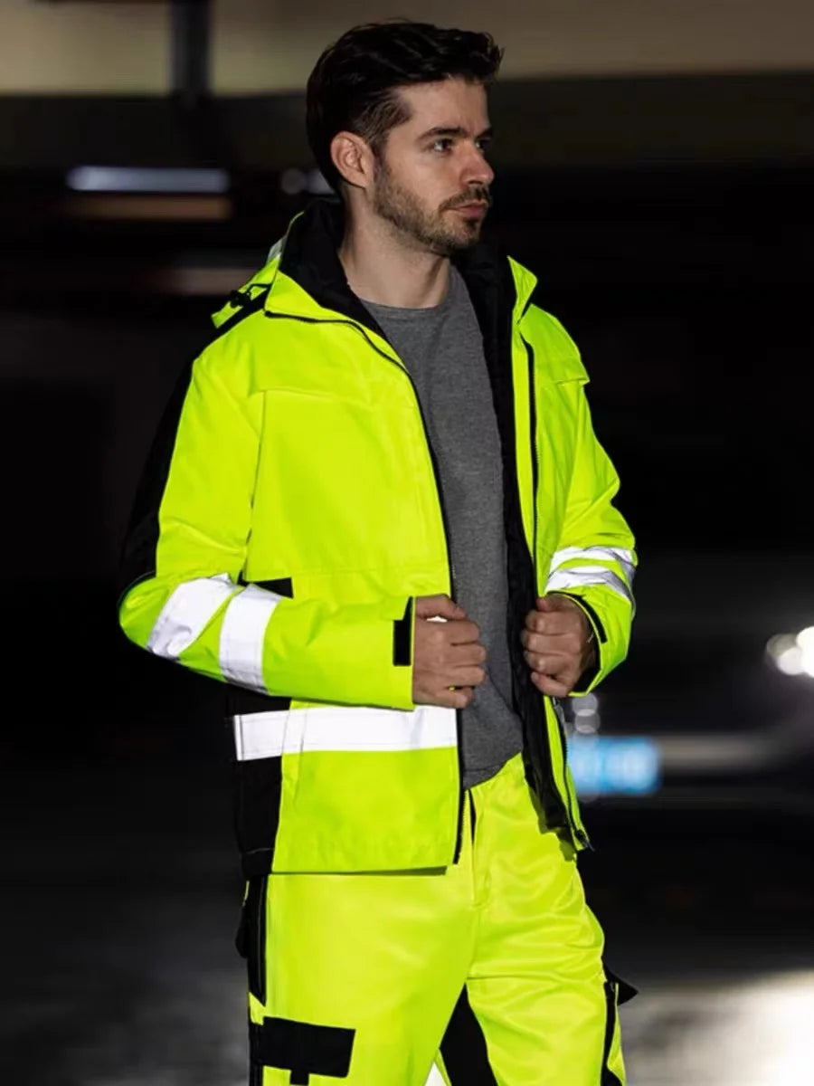 Veste et Combinaison Haute Visibilite Imperméable Bandes Reflechissantes – Tenue de Securite Professionnelle Hiver pour Agents de Securite, Gardiens et Personnel de Terrain (S a XXXL, Orange / Jaune)