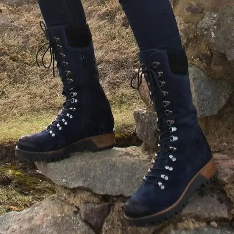Bottes Femme Mi-Mollet Plateforme Zip – Talon Carré Bout Rond Style Moto Hiver